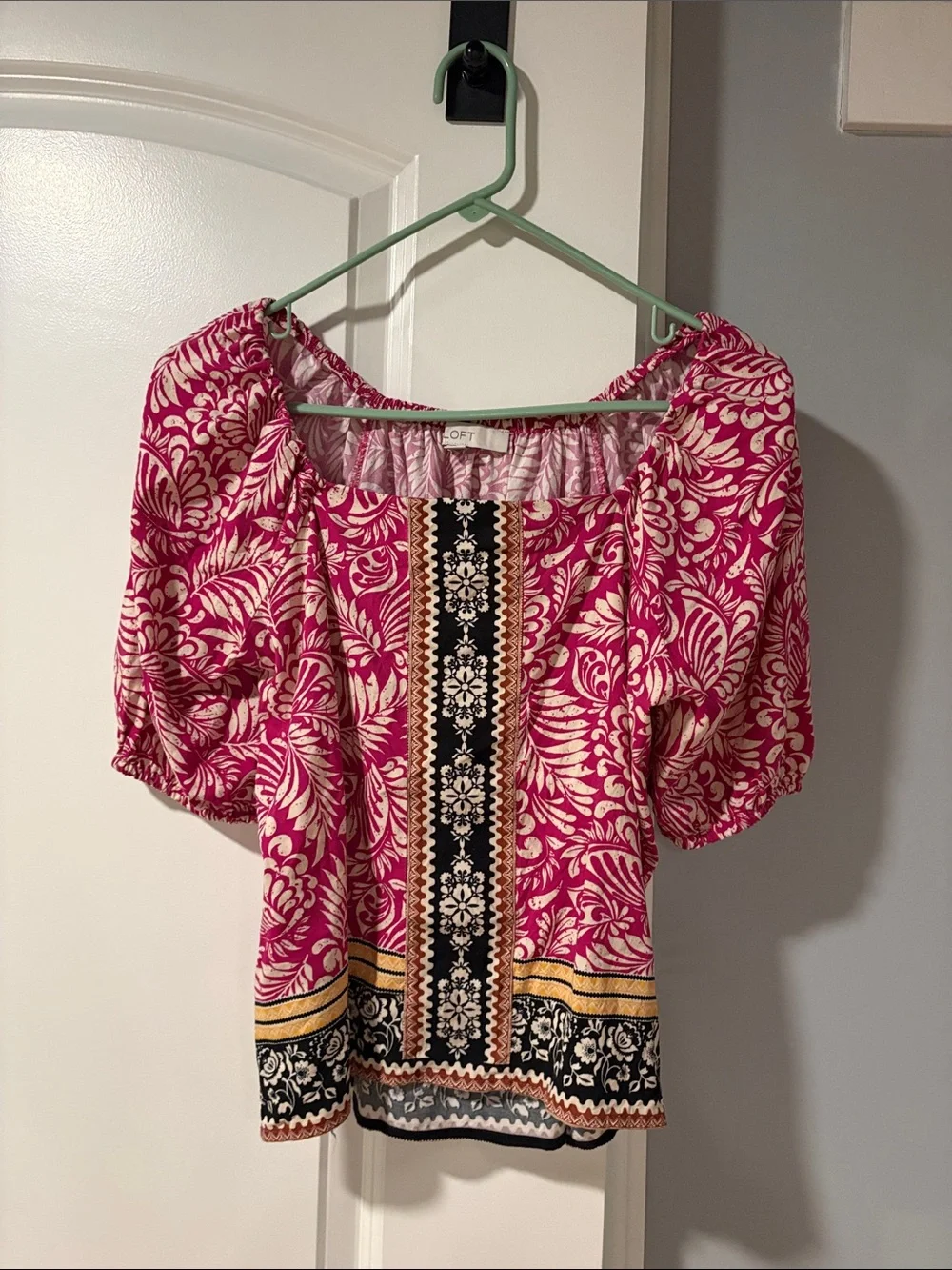 LOFT Pink Floral Border Print Peasant Blouse